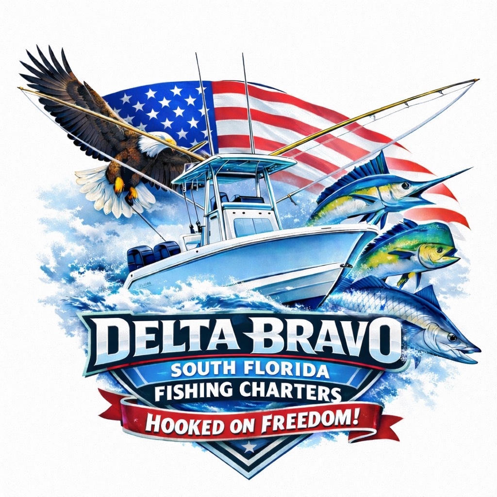 Delta Bravo South Florida Fishing Charters logo featuring an American flag, bald eagle, fishing boat and game fish, with the motto Hooked on Freedom!